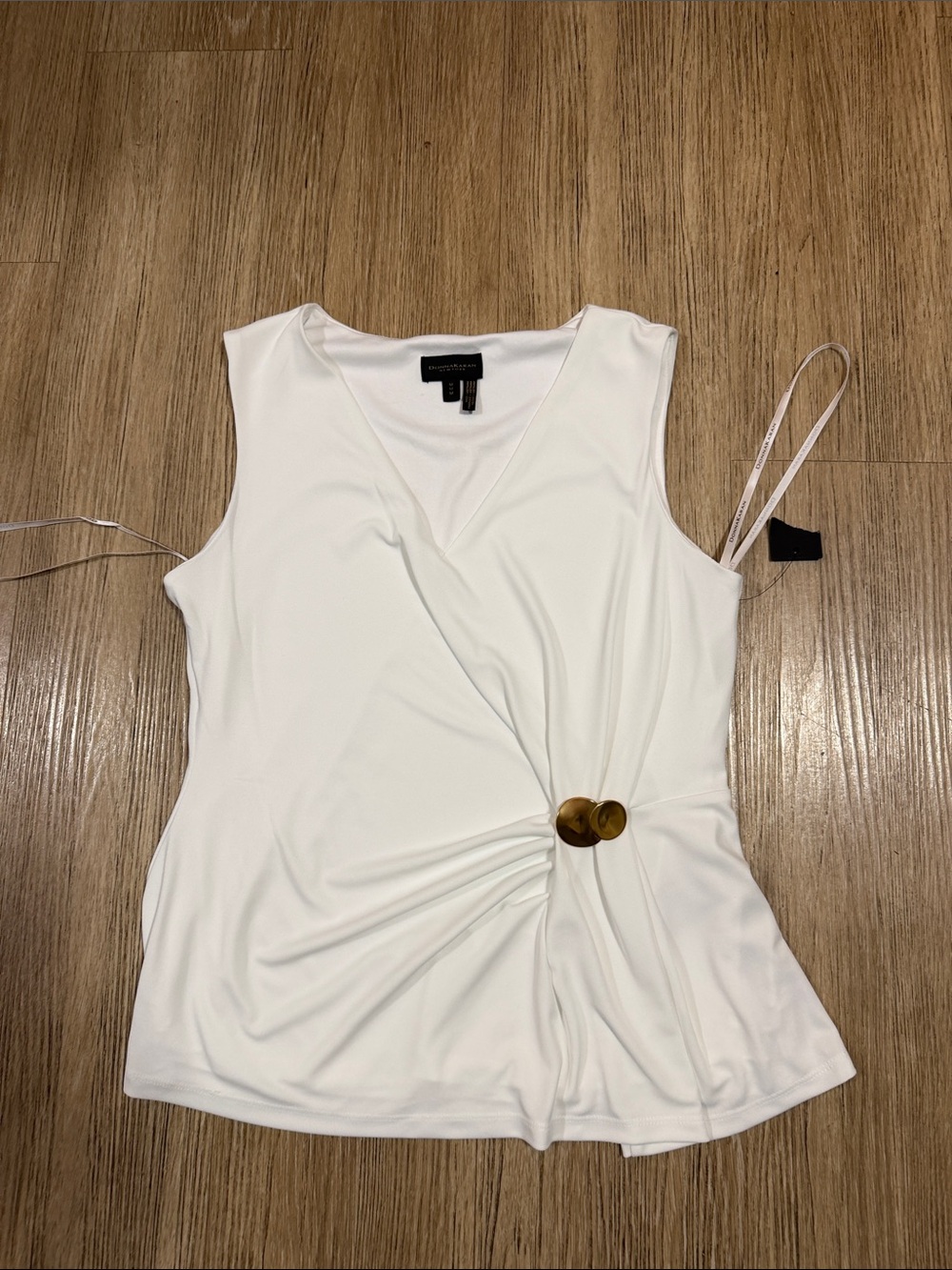 Donna Karan White Faux-Wrap Sleeveless Top with Tortoiseshell Accent M